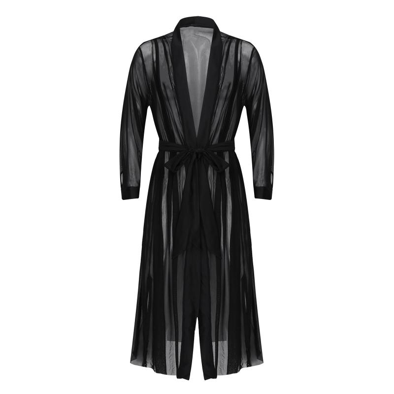 Men See-through Open Stitch Front Mesh Transparent Long Shirt Casual Sleepwear Male Gay Sexy Lingerie Sleeve Bathrobe Tops Men's Shirts