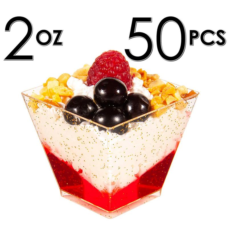 Disposable Cups & Straws 50pcs 60ml 2oz Reusable Plastic Portion Glitter Trapezoidal Dessert Mini Food Container For Jelly MoussesDisposable