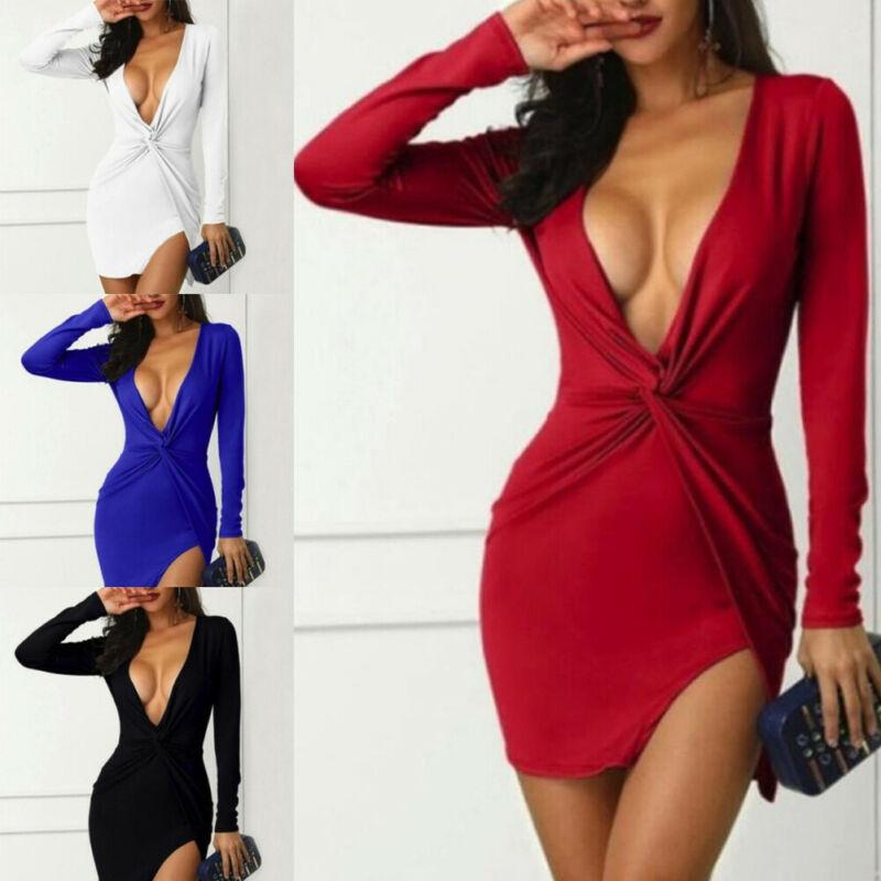 Women Sexy Bandage Bodycon Dress Autumn Long Sleeve Casual Evening Party Short Mini Deep V-neck Side Split Dresses