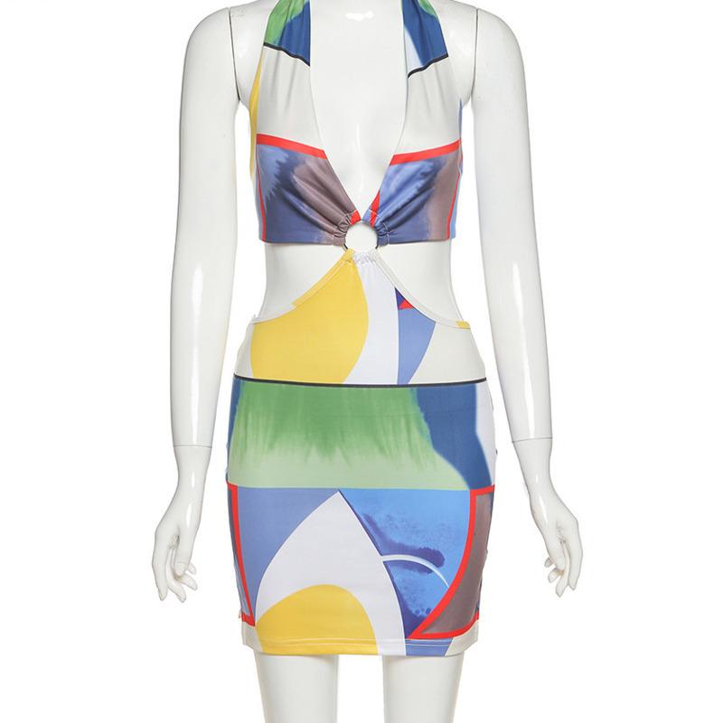 Casual Dresses Club Wild Contrast Hollow Out Woman Summer Sexy Bodycon Patchwork Street Wear Low-cut Halter Beach Dress 2021