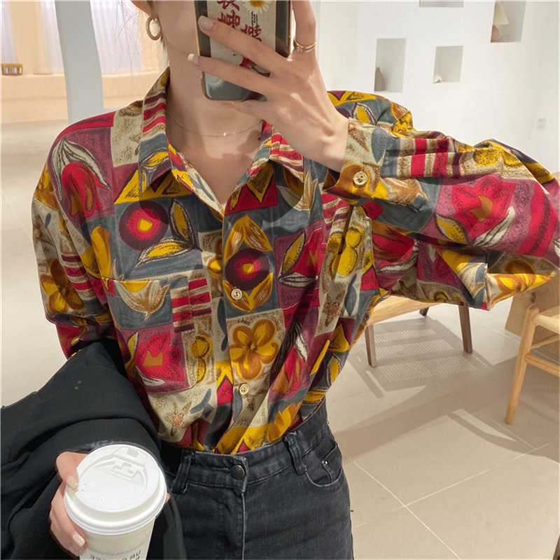 Oversize Female Elegant Office Lady Blouses Retro Print Loose Women Casual Fashion Vintage Chic All Match Shirts 210421