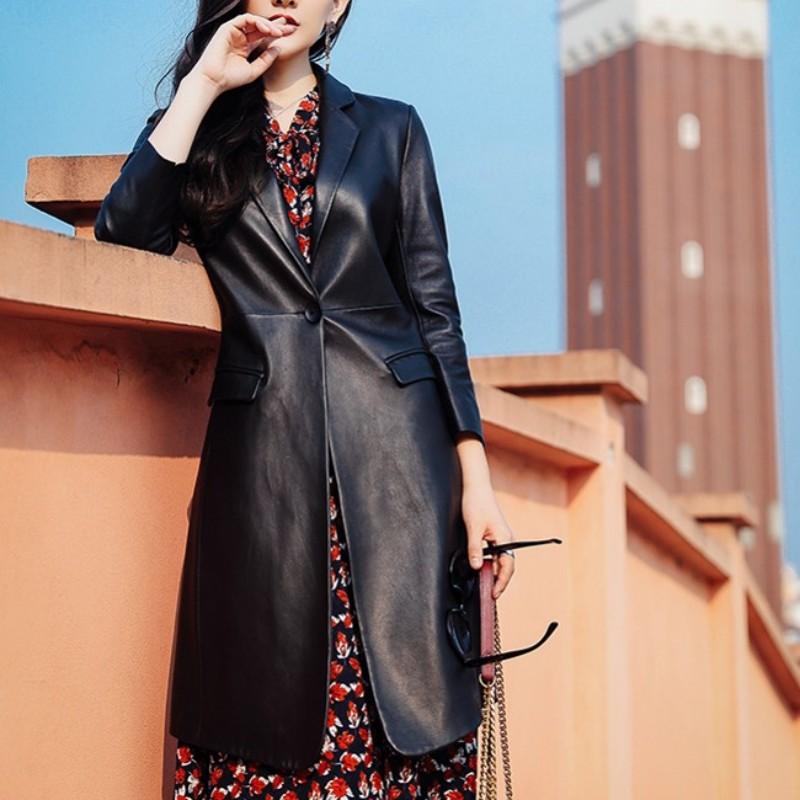 Style Women OL Real Leather Jacket Single Button Suit Collar Sheepskin Coat Brand Fashion Slim Three Quarter Sleeve Outerwear Women's & Faux