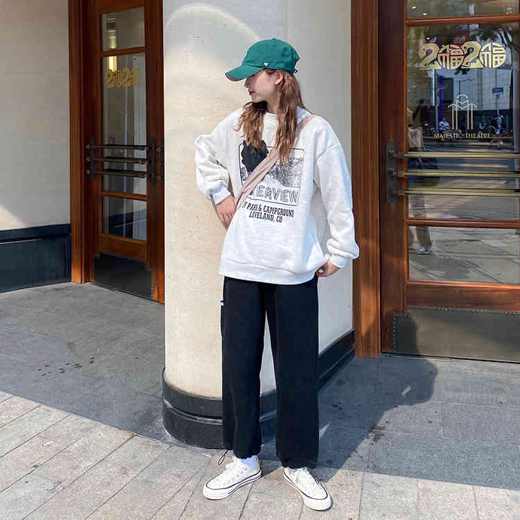 autumn winter korean style Women grey Sweatshirts Long Sleeve letter print thick Sweatshirt Womens pullovers (F4129) 210423