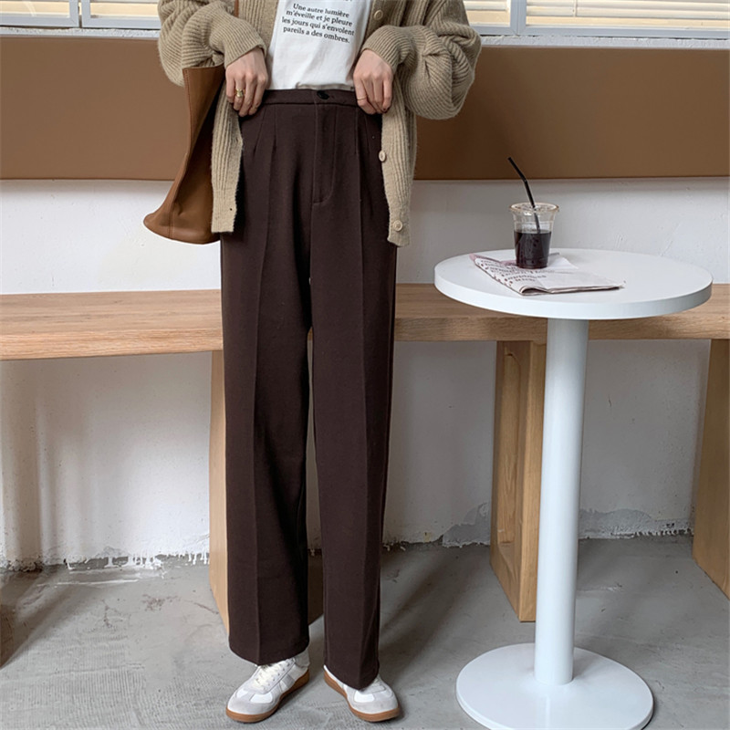 OL Minimalist High Waist Wide Leg Woolen Pants Women Autumn Winter Work Solid Casual Straight Suit Trousers 210421