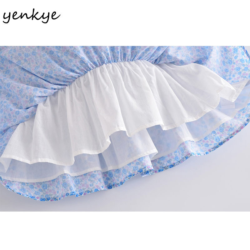 YENKYE Summer Women Blue Floral Print Dress Female Puff Sleeve Elastic Clothes Casual Slim Mini Vestido 210515