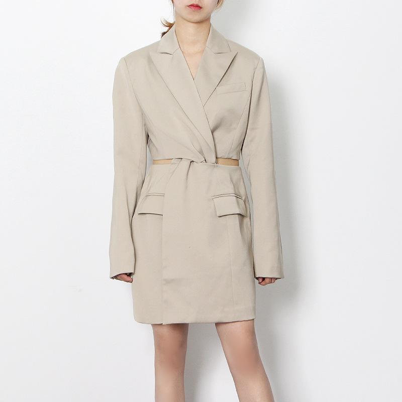 Winter Fashion Women's Suit Collar Twist Design Sexy Waist Hollow A-line Slim Dress Women Casual Dresses