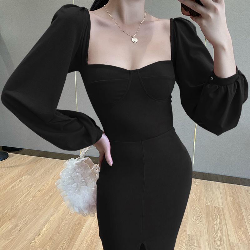 Women's Off Shoulder Split Dresses Casual Square Neck Puff Sleeve Bodycon Party Midi Autumn Elegant High Waist Slim 210522