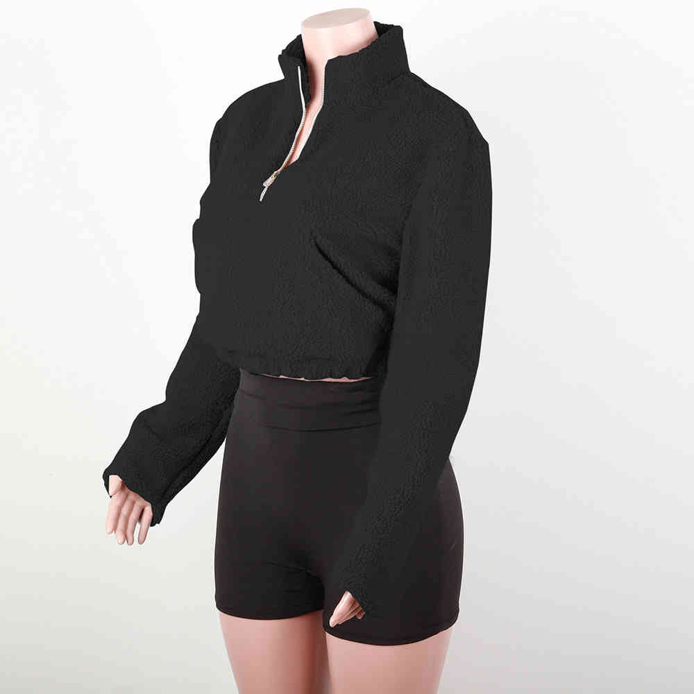 Autumn Winter Long Sleeve Crop Tops Vintage Fleece Zipper Turtleneck Hoodies Fashionable Sweatshirt Casual Short coat 210428