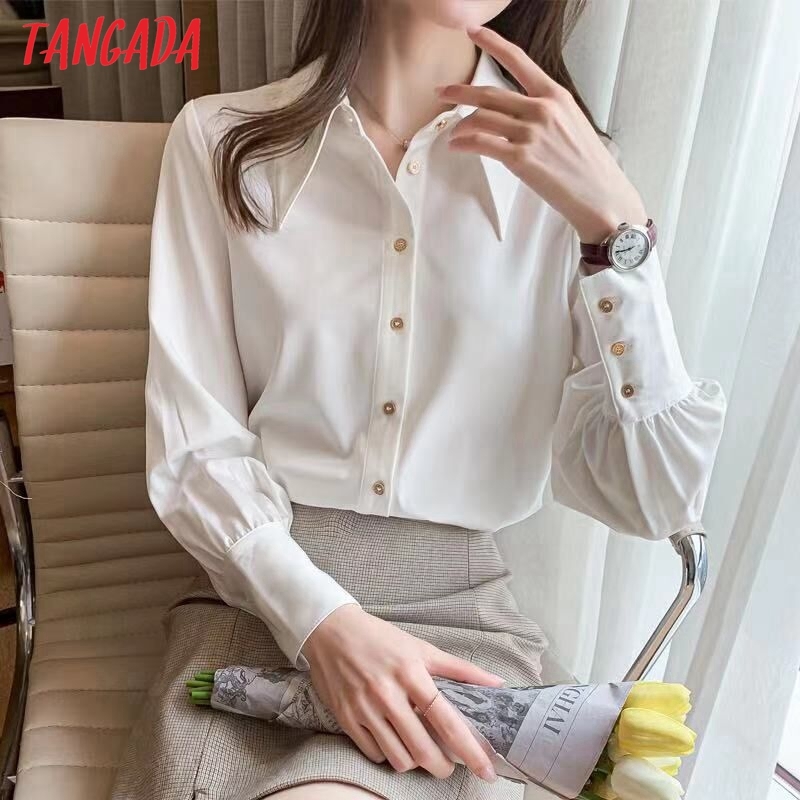 Women White Shirts Long Sleeve Solid Turn Down Collar Elegant Office Ladies Work Wear Blouses WF18 210416