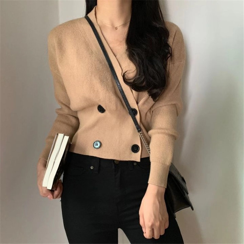 Autumn Loose Sweet Women Girls Warm V-Neck Fashion Female Cross Fresh High Waist Casual Knitted Short Sweaters 210421