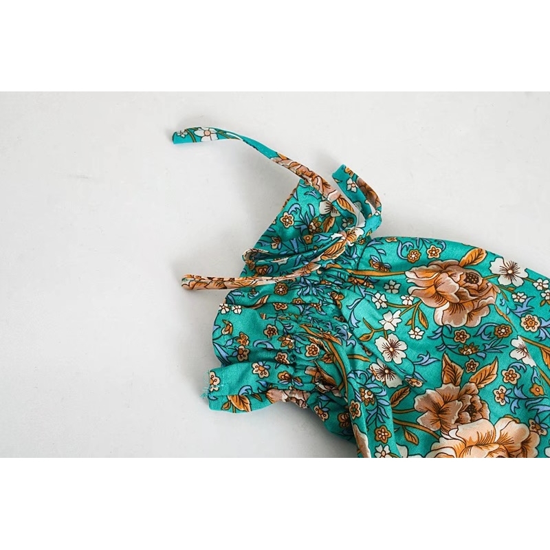 Bohemia Floral print Elastic Ruched Body Slash Shoulder BOHO Dress Summer Holiday Woman Short Sleeve Knee length Beach 210429