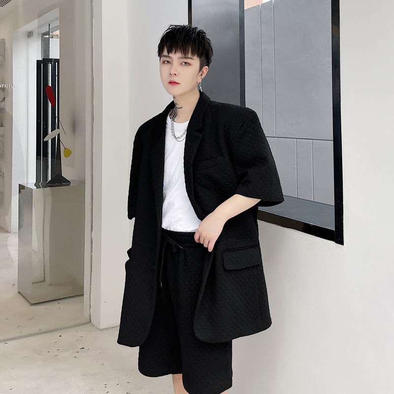 IEFB Summer Solid Color Men's Blazer Diamond Embossed Male Short Sleeve Suit Coat Loose Causal Korean Big Size Man Clothing 210524