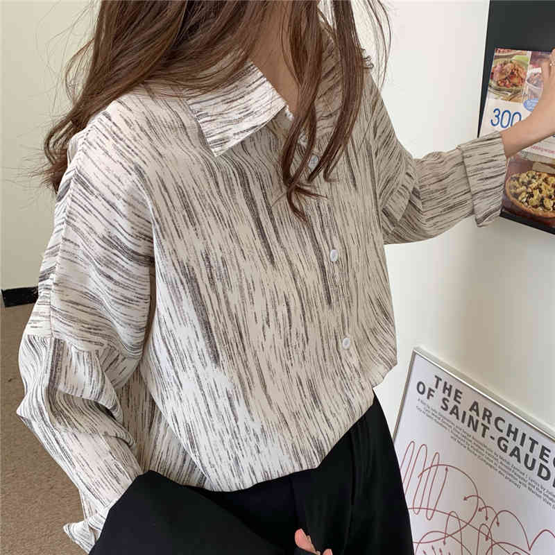 Green Full Sleeves Office Lady Striped Tops OL Casual Summer Brief Printed Lapel Vintage Outwear Femme Shirts 210421