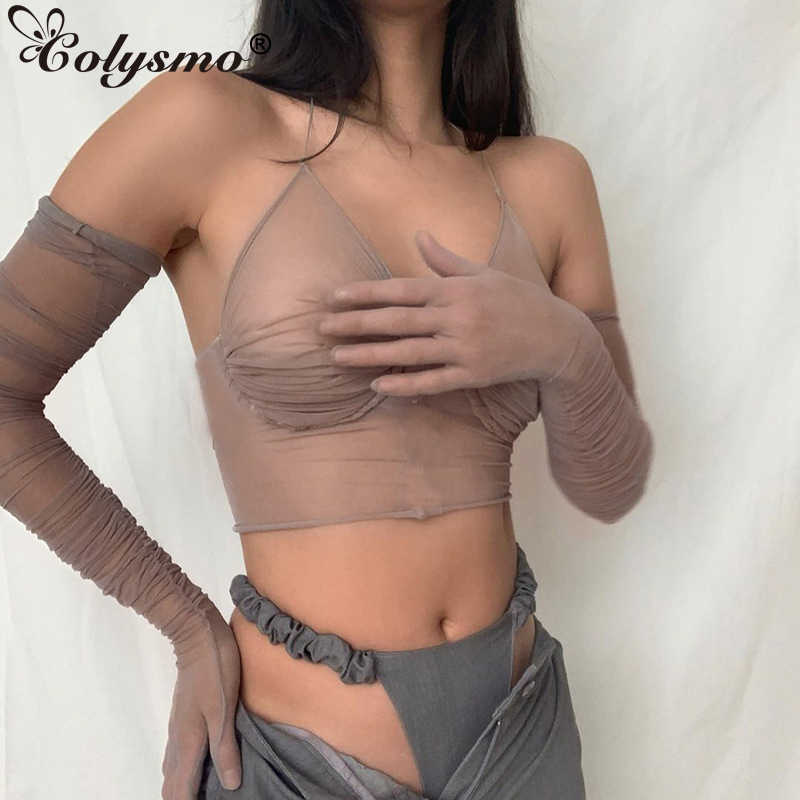 Colysmo Mesh Crop Top with Gloves See Through Cut out V Neck Tie up Ruched Halter Sexy Clubwear Women Chic Summer Tank 210527
