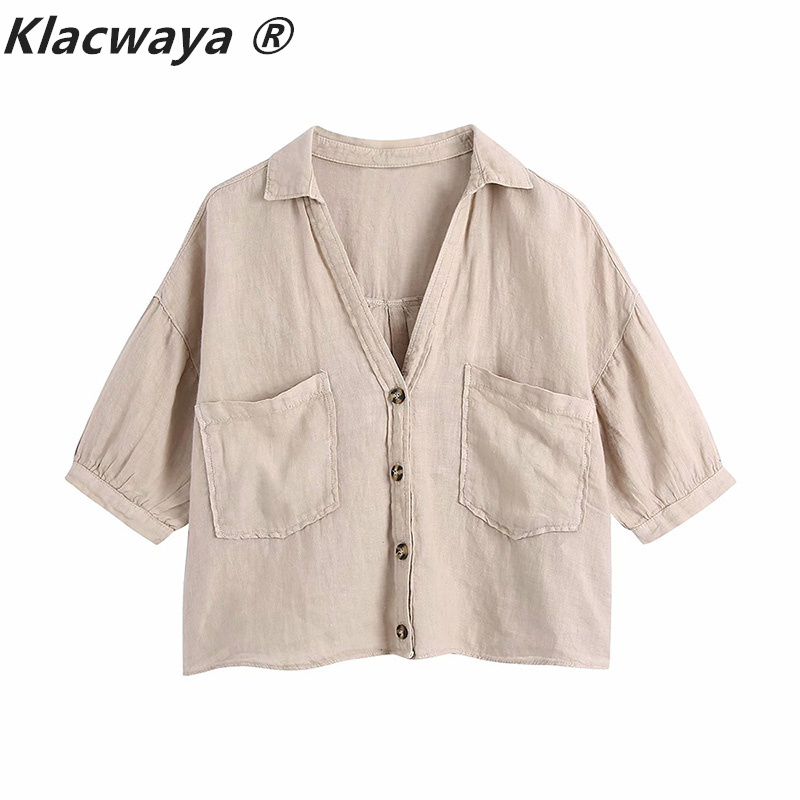 Women Fashion Candy Color Double Pockets Loose Linen Smock Blouse Lady Buttons Short Shirt Chic Kimono Blusas Tops 210521