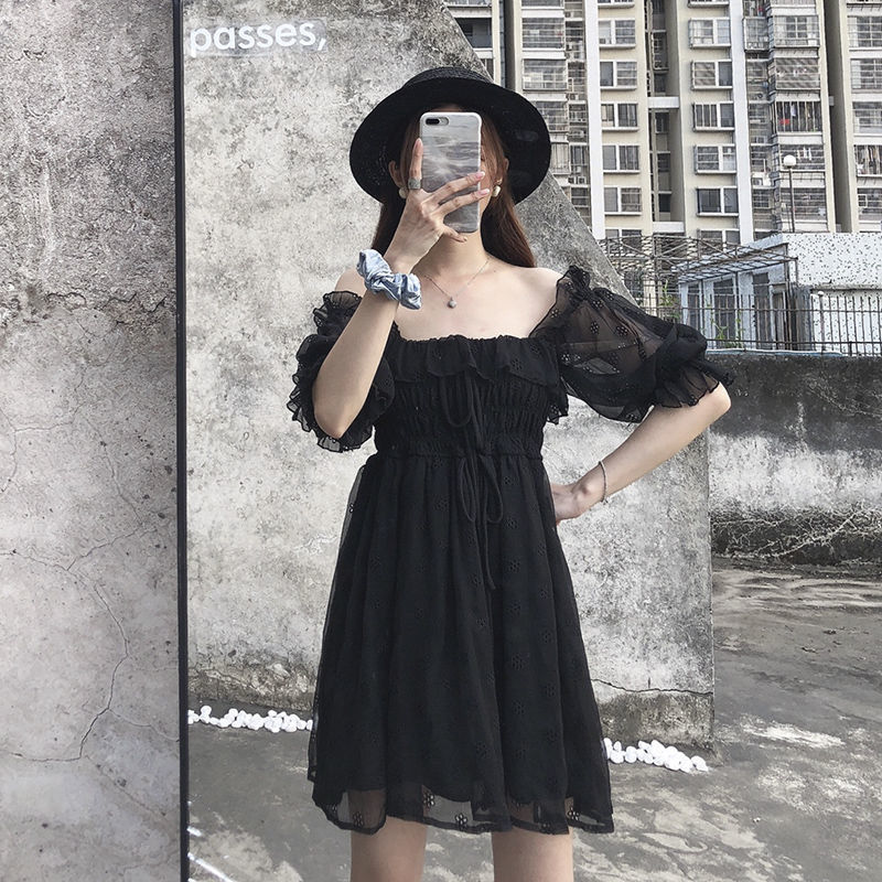 Puff Sleeve Casual Black Dress Women Square Collar Elegant Dress Evening Party Gothic Dress for Females Korean Style Summer 210521