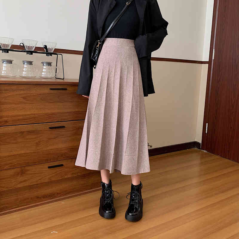 Nomikuma Autumn Winter Knitted Women Skirt Korean High Waist Pleated A-line Sweater Skirts Causal Faldas Mujer Moda 6D351 210427