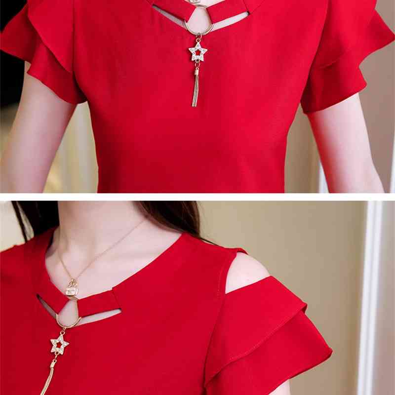 Fashion White Chiffon Blouse Women Shirt Short Sleeve V Collar Summer Tops Blouses Blusas Female Clothing 0081 30 210506