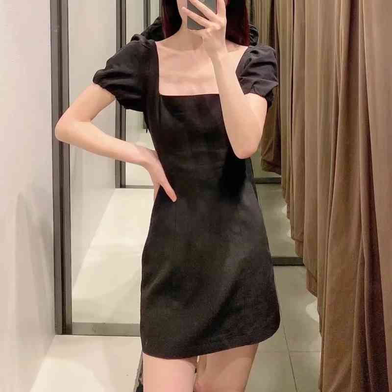 Summer Women Backless Black Linen Mini Dress Female Puff Sleeve Clothes Casual Lady Slim Vestido D7736 210430Z