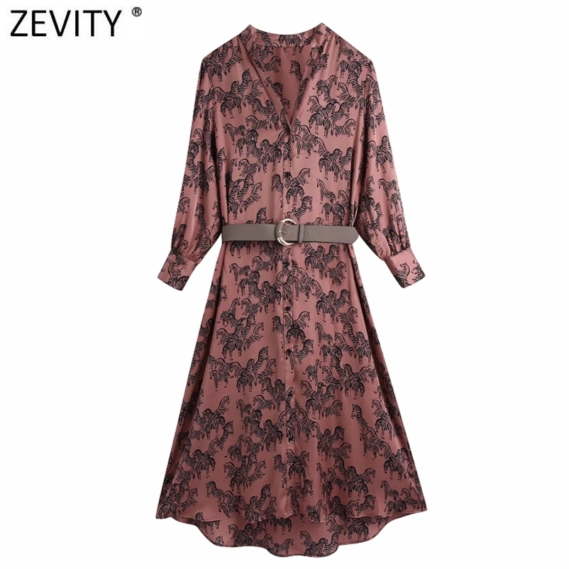 Zevity Women Vintage V Neck Animal Print PU Sashes Satin Shirt Dress Chic Female Retro Single Breasted Midi Vestido DS4968 210409