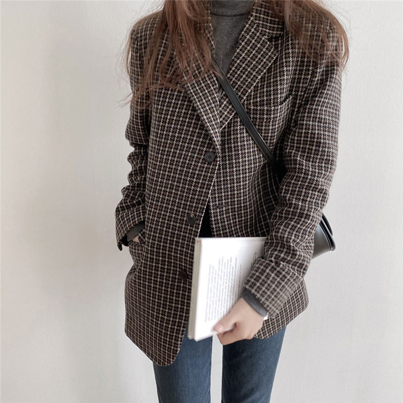 Jacket Plaid Minimalist Women Loose OL Elegant Plus Woolen Vintage Stylish Blazers High Street Coats 210421