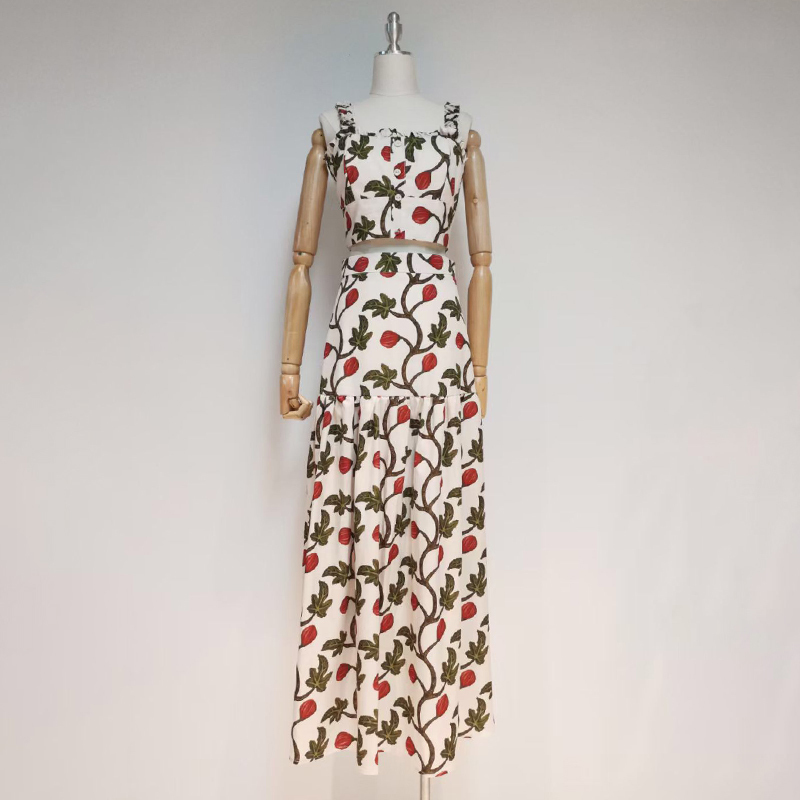 VGH Floral Print Vintage Dress For Women Square Collar Sleeveless Short Tops High Waist Midi Skirts Casual Sets Female Tide 210421