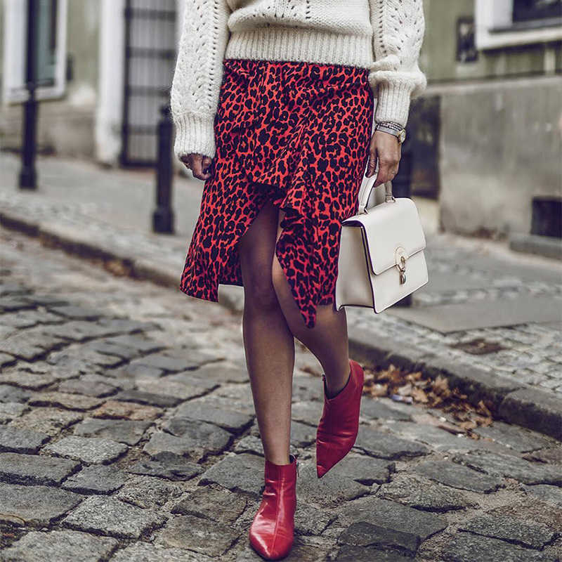 Leopard Long Skirt Women High Waist Midi Female Office Ruffle Animal Print s Womens Summer Red Casual 210607