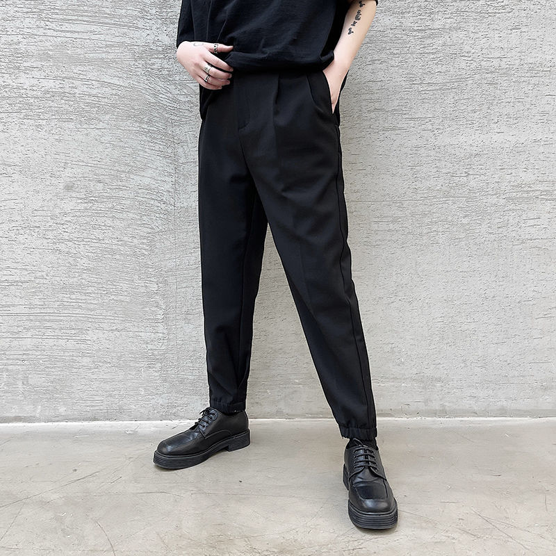 IEFB Summer Black Pencil Pants For Men Korean Trend Slim Fit Casual Ankle-length Pants Side Both Pockets Fold trousers 210524
