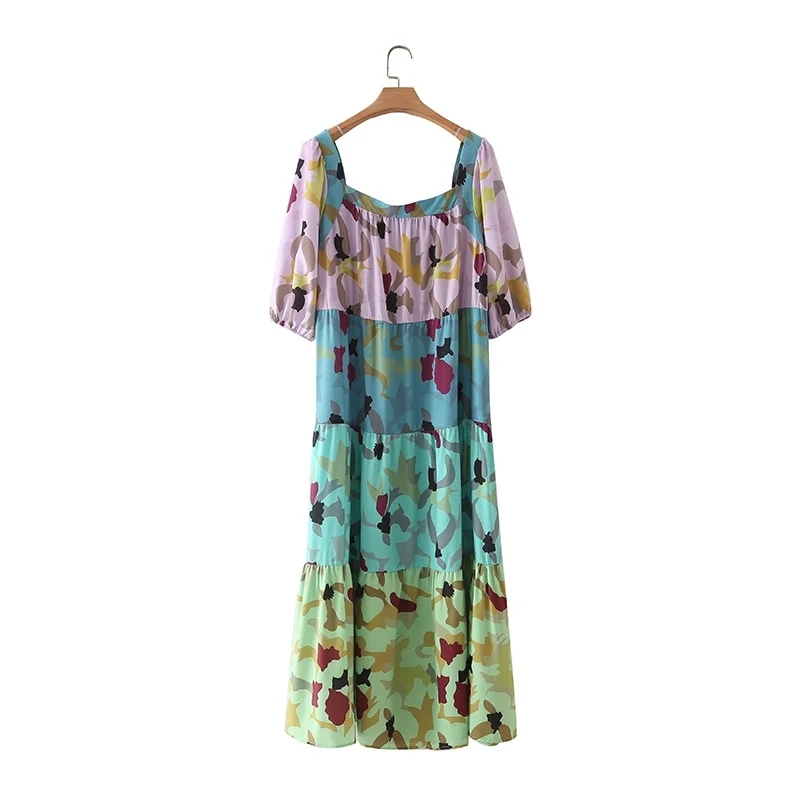 Summer Women Digital Printing Splicing Tiered Dress Female Puff Sleeve Clothes Casual Lady Loose Vestido D7783 210430Z