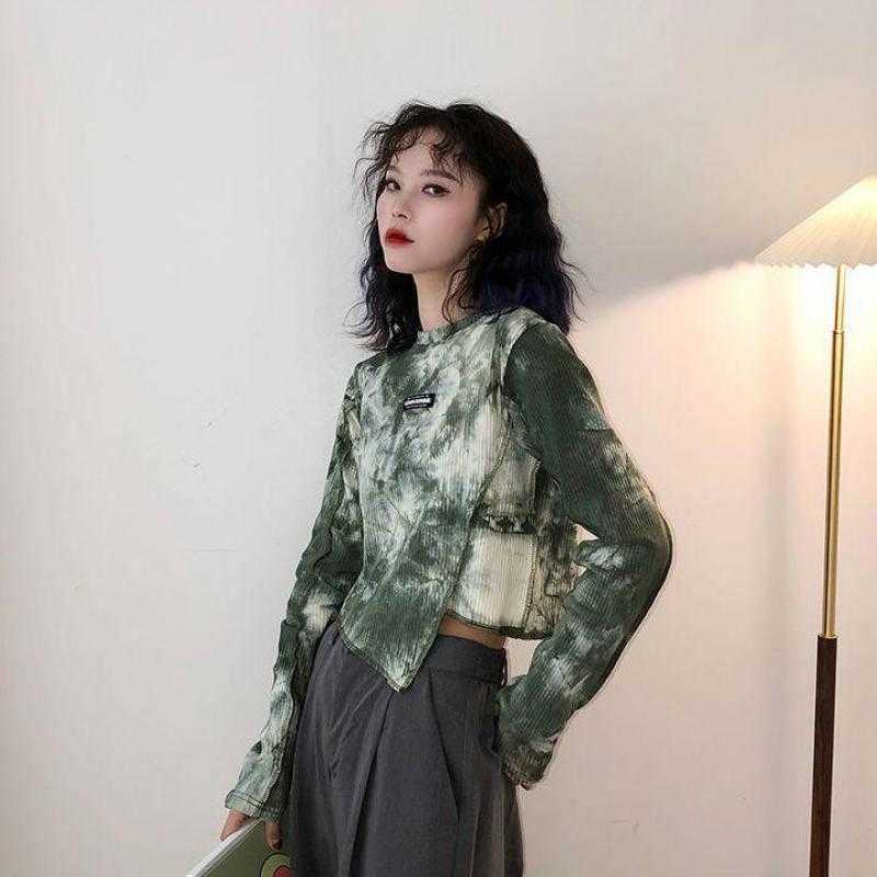 Yedinas Spring Tie Dye Long Sleeve T-shirt Irregular Chic Slim Crop Top Women High Street Fashion T Shirt Korean Streetwear Tops 210527