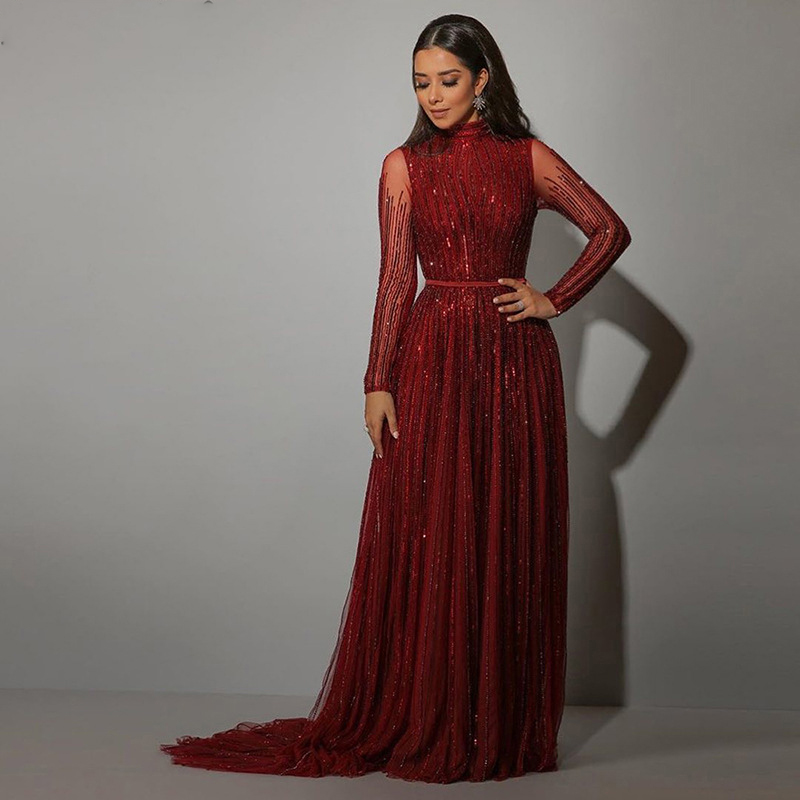 Red Evening Dresses Noble Luxury Beads Long Sleeve Prom Dress Wear Custom Made Special Occasion Gowns