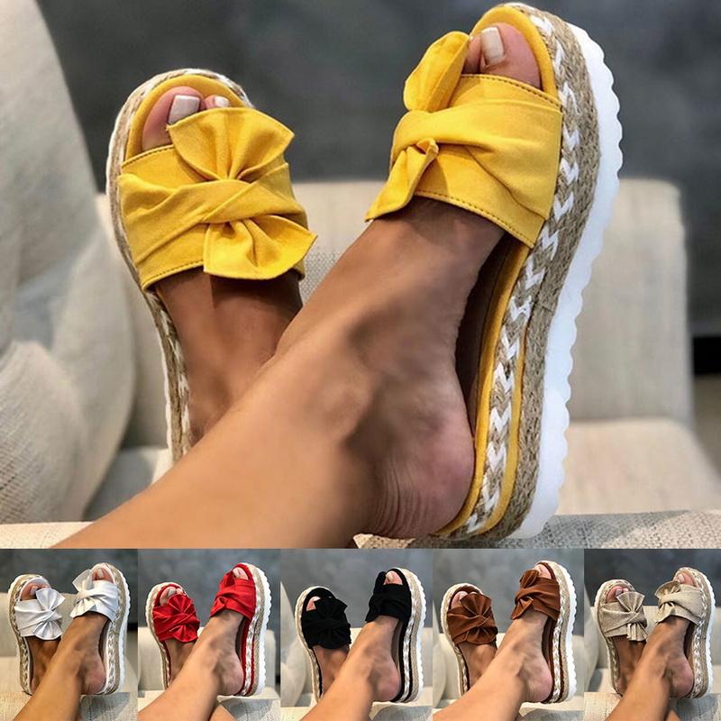 Summer Slippers Bow-Knot Flat Platform Ladies Slides Open Toe Flip Flops Female Outdoor Beach Sandals
