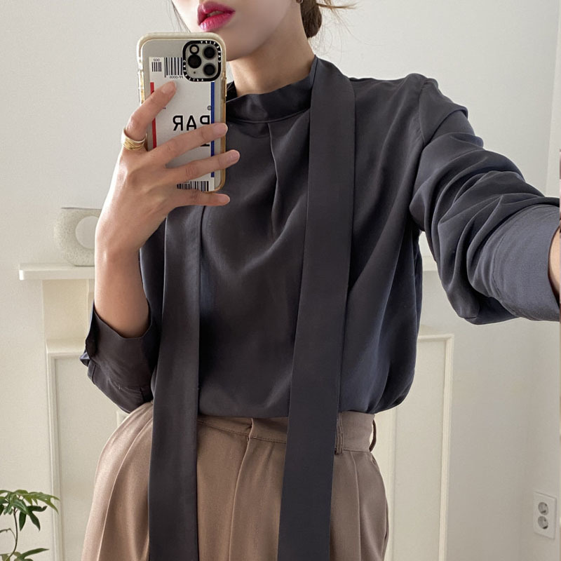 Korea Commute Chic Bow Tie Strap Women's Top and Blouse Loose Casual Long Sleeve Shirts Woman Office Lady Style Female 13341 210427