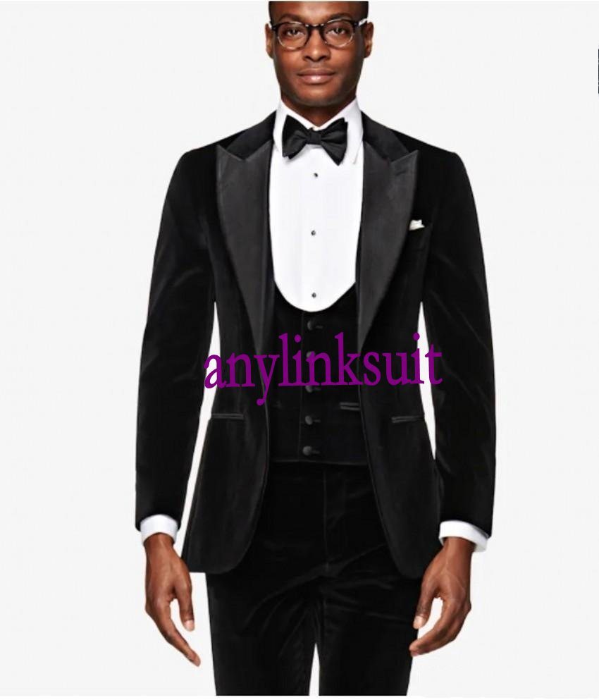 High Quality One Button Black Velvet Groom Tuxedos Peak Lapel Wedding/Prom/Dinner Groomsmen Men Suits Blazer (Jacket+Pants+Vest+Tie) W1340