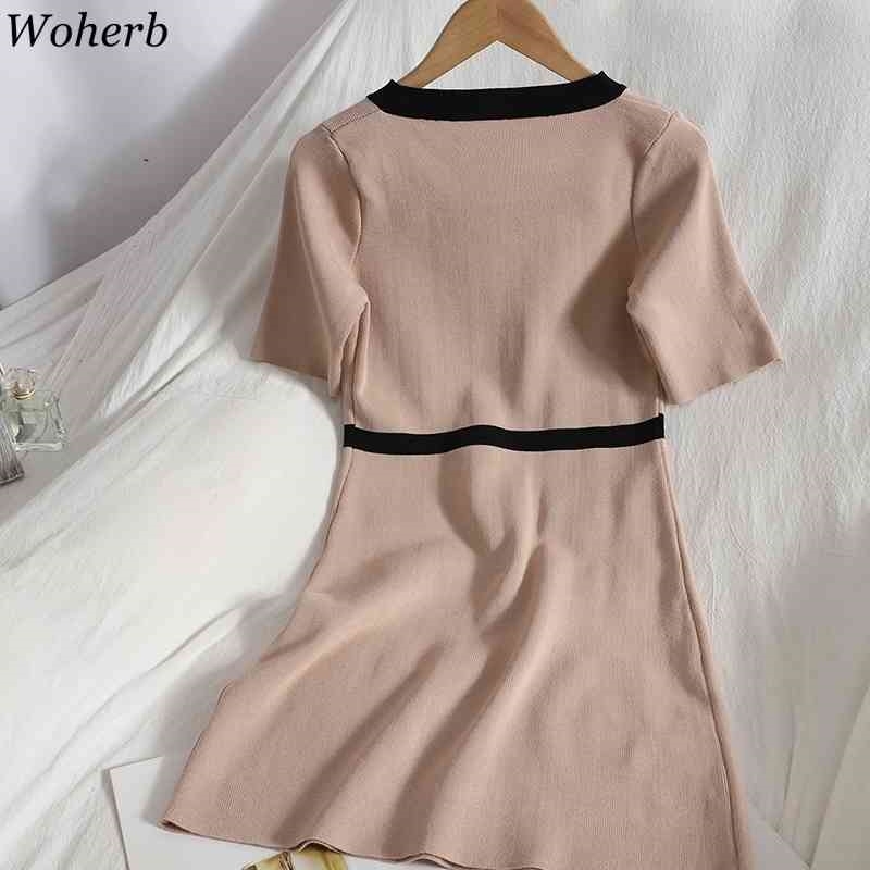 Knitted Dress for Women Fashion Buttoned Contrast Color Square Collar Vestidos Short Sleeve Elegant Bodycon Dresses 4j618 210519