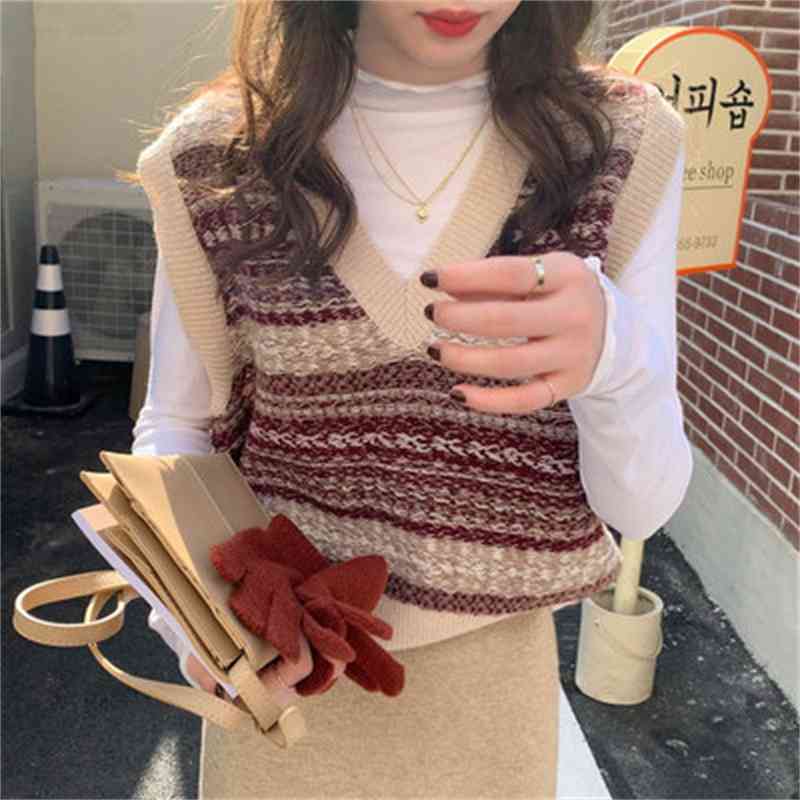 3Colors Spring and Autumn korean style v neck knitted Colorful sleeveless vest sweaters womens pullovers womens (X1747) 210423