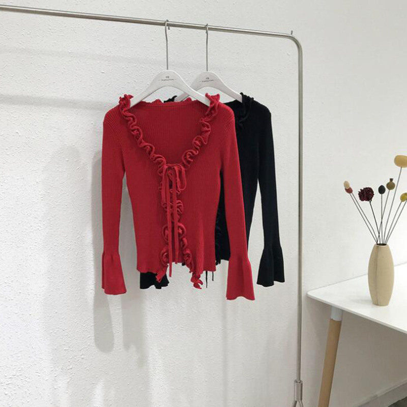 Fall Arrival Slim V-Neck Ruffle Women Buttons Sweater Elastic Flare Sleeve Knitted Cardigans Long Tops C-162 210522