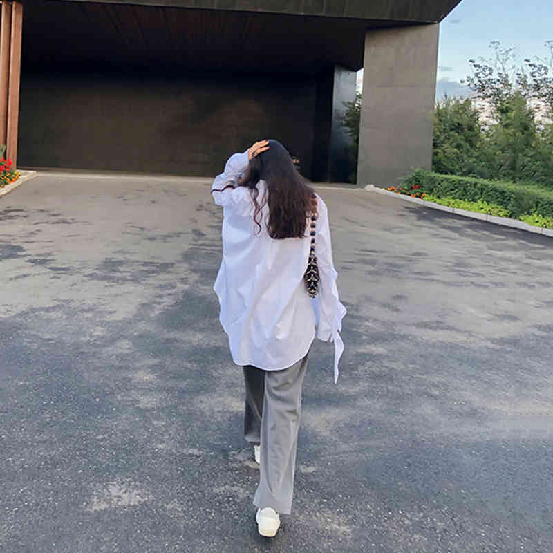 [EAM] Women White Irregular Bandage Big Size Blouse Lapel Long Sleeve Loose Fit Shirt Fashion Spring Autumn 1DD6474 21512