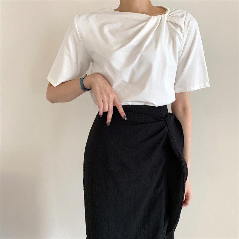 Chic Gentle Sexy Skew Collar Casual Slim Lady OL Short Sleeves Stylish Loose All Match Summer Sweet T-shirts 210421