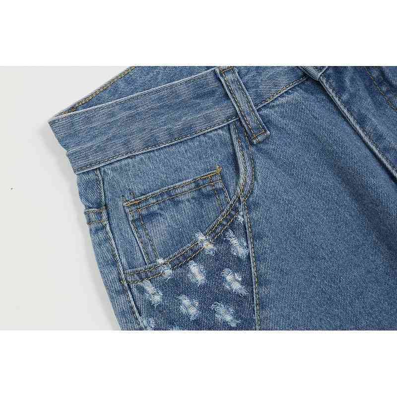 IEFB Washable Patchwork Color Contrast Hole Blue Wide Leg Jeans Men's Spring High Street Straight Denim Pants Casual 210524