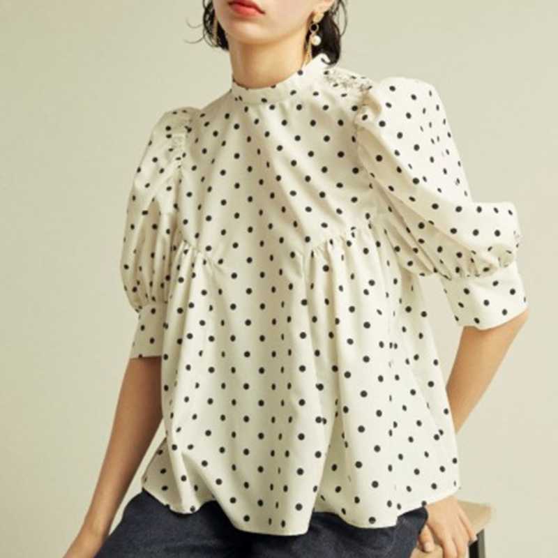 Simple Stand Collar Puff Half Sleeve Shoulder Button Shirts Sweet Japan Style Polka Dot Blouse Women All Match Blusas Mujer Moda 210525