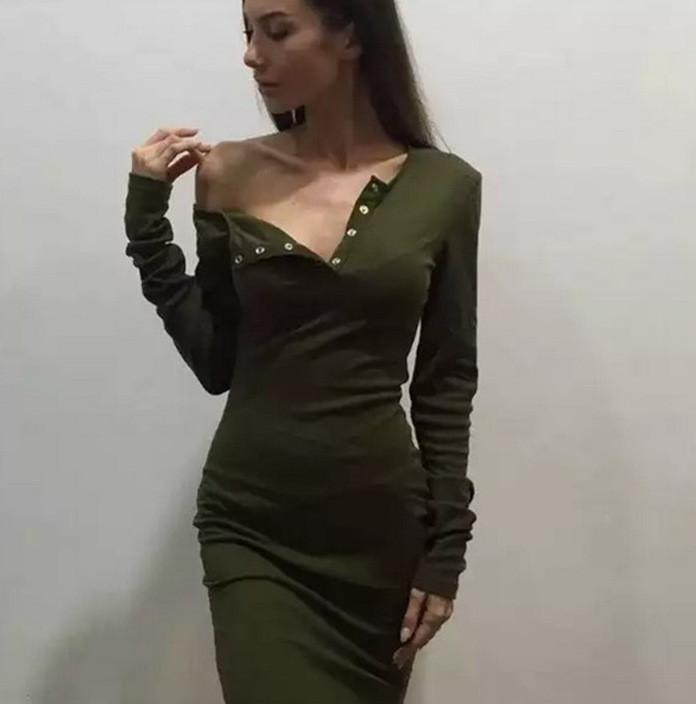 Autumn Sexy One Shoulder Dress Irregular Button Collar Long Sleeve Bodycon Party Dresses Streetwear Vestidos De Fiesta Ey* Casual