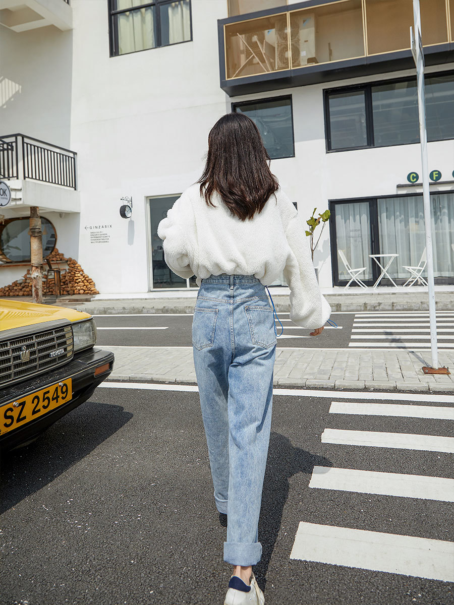 Cropped Sweatshirt Women White Rabbit Animal Print Fur Hoodie Loose Zipper Neck Fuzzy Winter Crop Top 210427