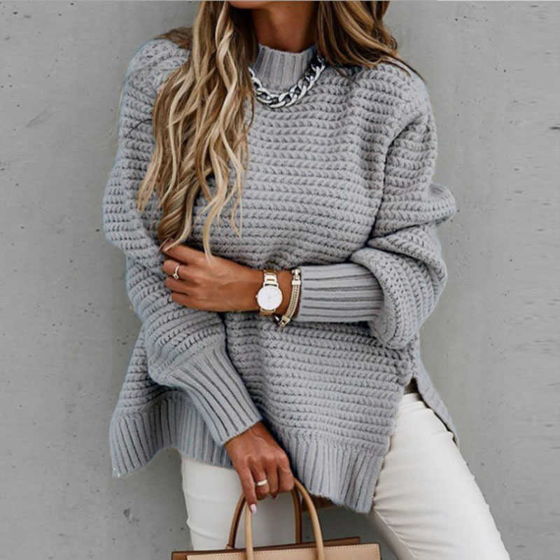 Autumn Winter Women Knitted Sweater Mock Neck Casual Loose Basic Pullovers Warm Elegant Solid Batwing Sleeve Side Split Tops 210824