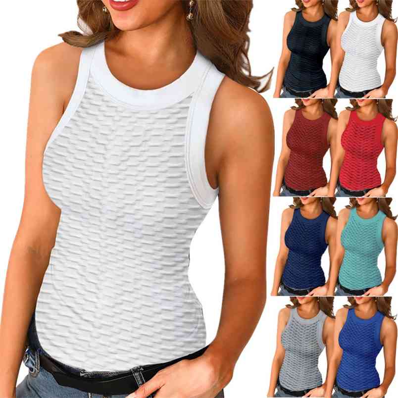 Women Plaid Tank Tops Summer O-neck Sleeveless Top Loose Casual Sports Gym Fitness T Shirt Plus Size Black Blue 210604