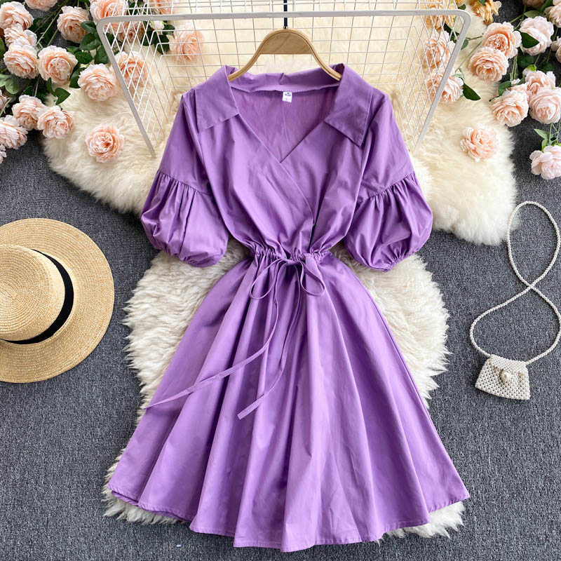 Korean Drawstring Lace Up Slim Waist Woman Dress Causal Puff Sleeve Elegant Dresses Solid Vestidos Mujer 6H530 210603