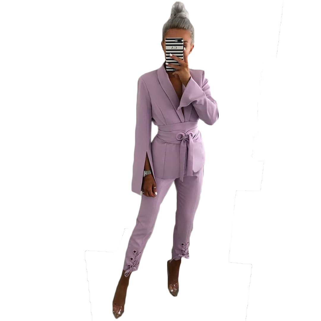 Fashion Purple Women Blazer Suits with Belt Sexy V Neck Formal Office Lady Pants Suit Prom Party Wedding (Jacket+Pants)