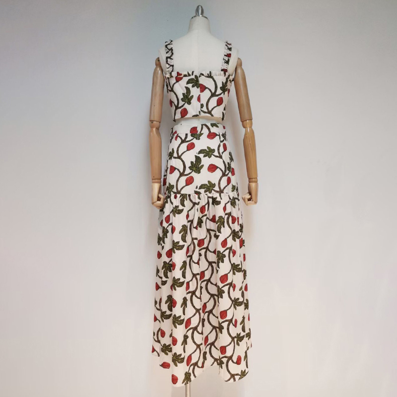 VGH Floral Print Vintage Dress For Women Square Collar Sleeveless Short Tops High Waist Midi Skirts Casual Sets Female Tide 210421