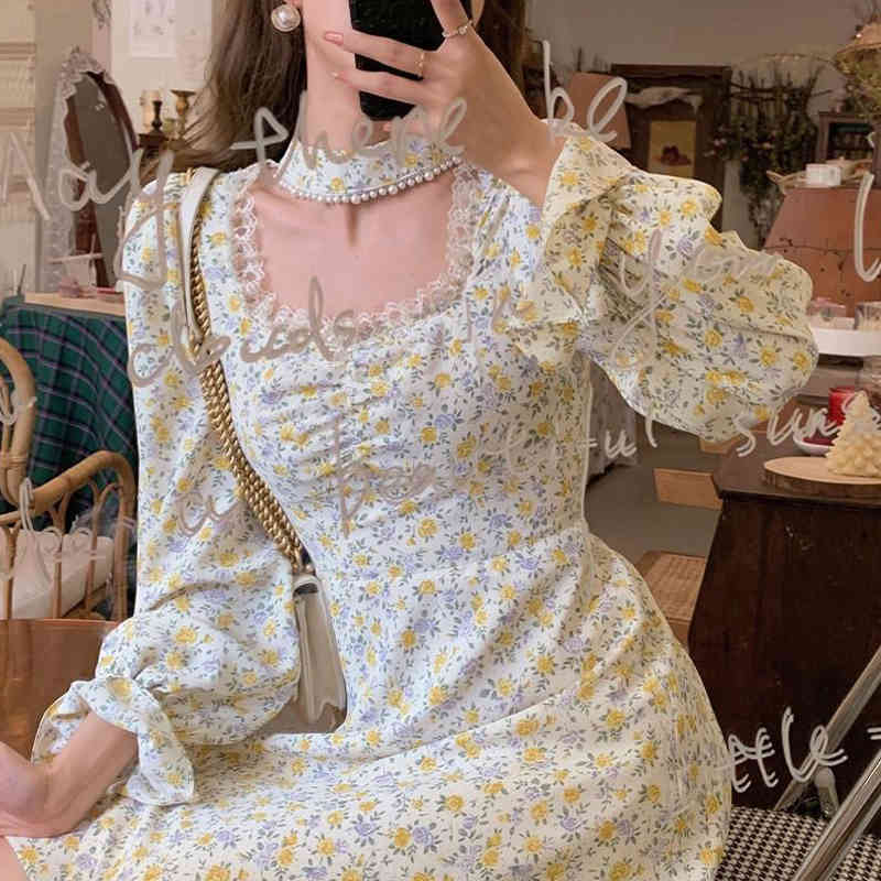 Korean Style Vintage Midi Dresses Women Casual Long Sleeve Floral Dresses Evening Party Office Lady Lace-Up Summer Chic 210521