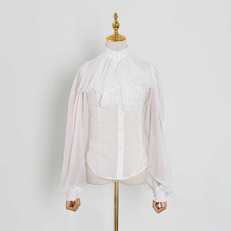 Vintage Elegant Chiffon Blouses for Women Fashion Silm Ruffles Lantern Sleeve Shirts Temperament All-match Blusas De Mujer 210525
